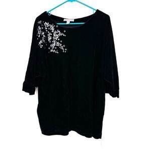 French Laundry Size XL Petite‎ Blouse Black Velvet Embellished Sequins Formal